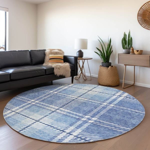 HomeRoots 8' Denim Blue and Ivory Plaid Washable Round Rug - UV Protected, Stain Resistant, Durable Design 674308
