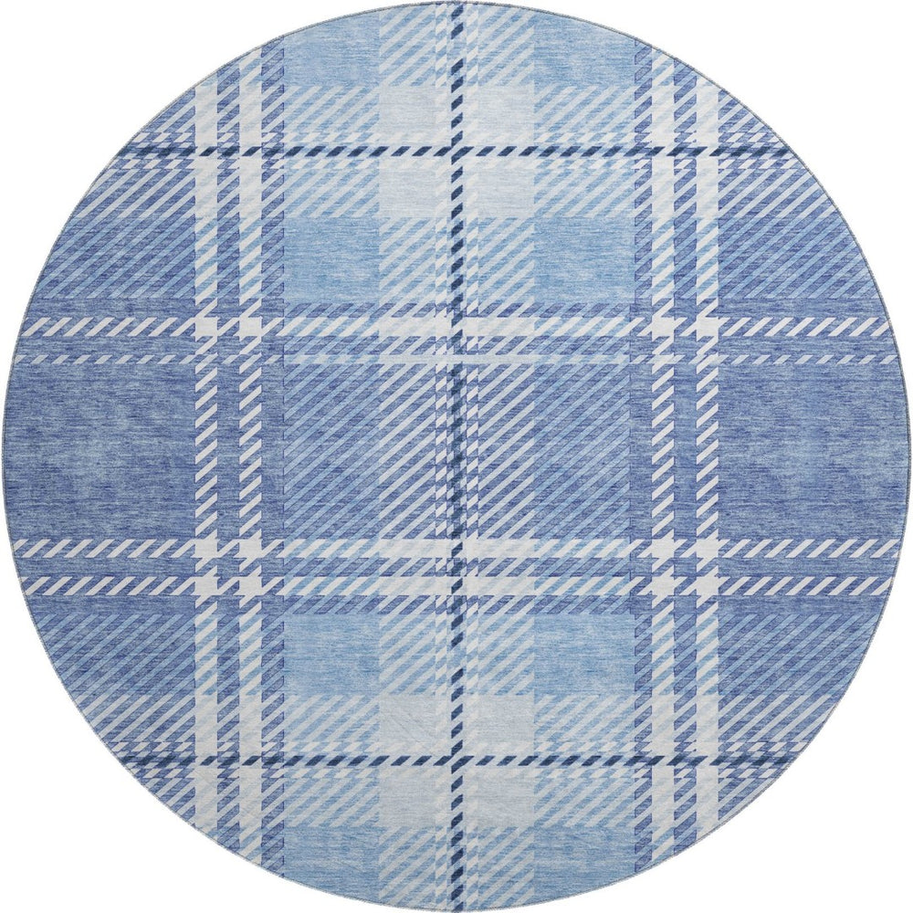 HomeRoots 8' Denim Blue and Ivory Plaid Washable Round Rug - UV Protected, Stain Resistant, Durable Design 674308