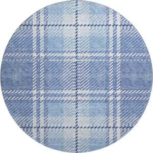 HomeRoots 8' Denim Blue and Ivory Plaid Washable Round Rug - UV Protected, Stain Resistant, Durable Design 674308
