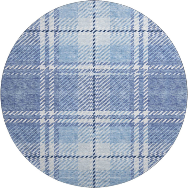 HomeRoots 8' Denim Blue and Ivory Plaid Washable Round Rug - UV Protected, Stain Resistant, Durable Design 674308