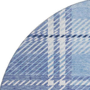 HomeRoots 8' Denim Blue and Ivory Plaid Washable Round Rug - UV Protected, Stain Resistant, Durable Design 674308
