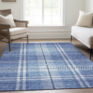HomeRoots 8' X 10' Denim Blue & Ivory Plaid Area Rug – Durable, Stain-Resistant, UV Protected for Any Room 674309