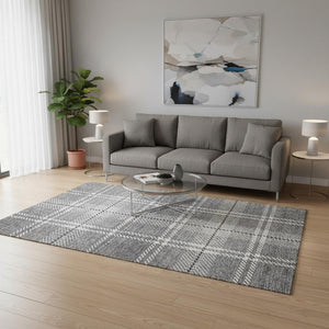 HomeRoots 5' x 8' Gray and Ivory Plaid Area Rug - Washable, UV-Protected, Stain-Resistant for Family Homes 674313