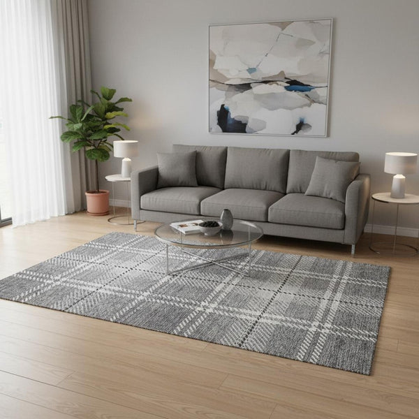 HomeRoots 5' x 8' Gray and Ivory Plaid Area Rug - Washable, UV-Protected, Stain-Resistant for Family Homes 674313