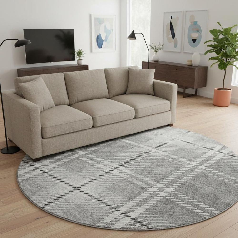 HomeRoots 8' Gray and Ivory Plaid Washable Round Rug - Durable, UV-Protected, Easy-Clean for Family Homes 674314