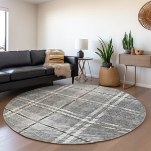 HomeRoots 8' Gray and Ivory Plaid Washable Round Rug - Durable, UV-Protected, Easy-Clean for Family Homes 674314