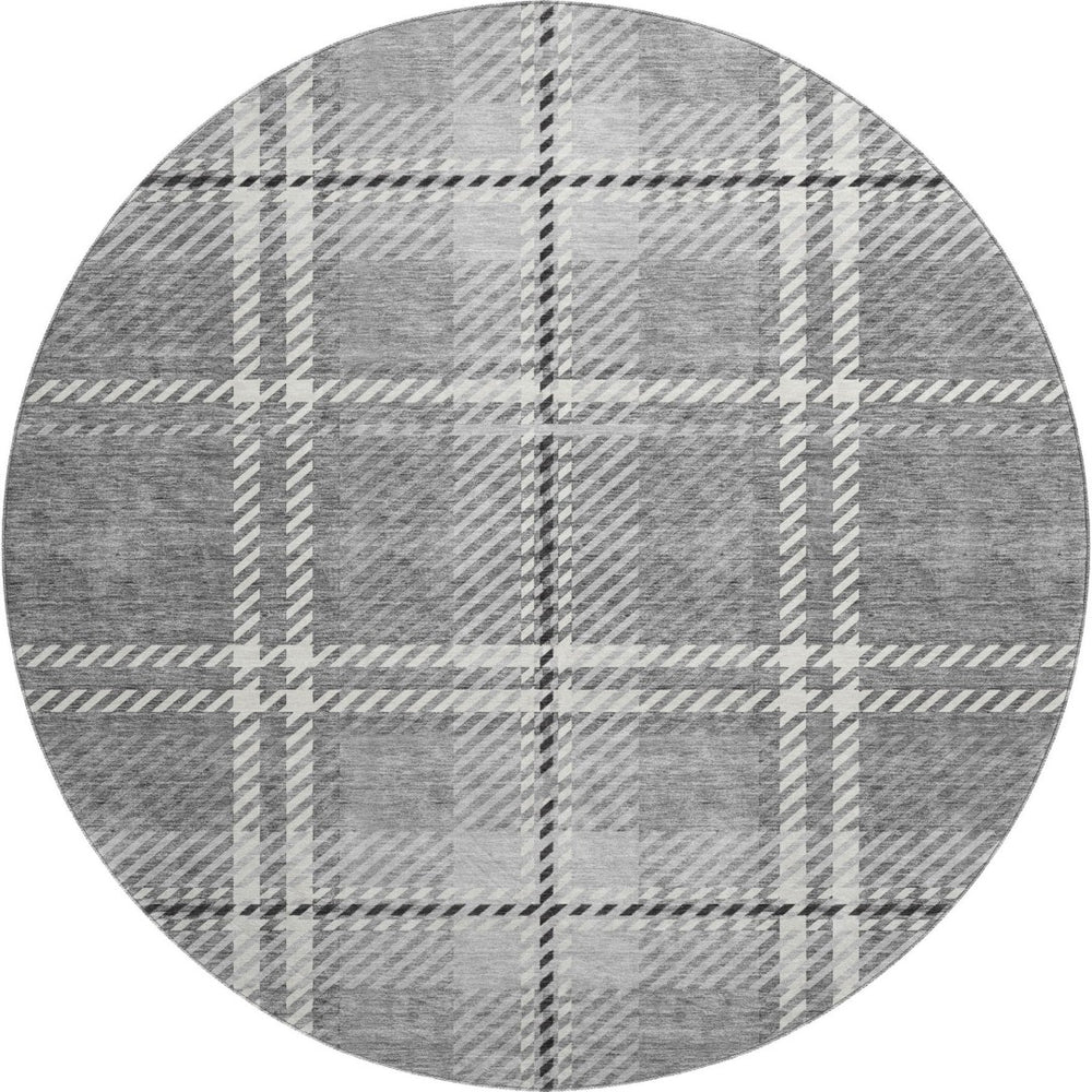 HomeRoots 8' Gray and Ivory Plaid Washable Round Rug - Durable, UV-Protected, Easy-Clean for Family Homes 674314