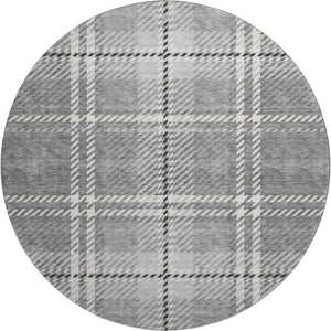 HomeRoots 8' Gray and Ivory Plaid Washable Round Rug - Durable, UV-Protected, Easy-Clean for Family Homes 674314