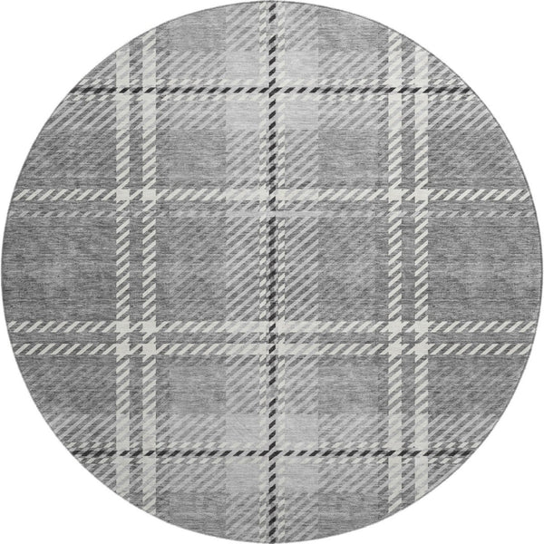 HomeRoots 8' Gray and Ivory Plaid Washable Round Rug - Durable, UV-Protected, Easy-Clean for Family Homes 674314