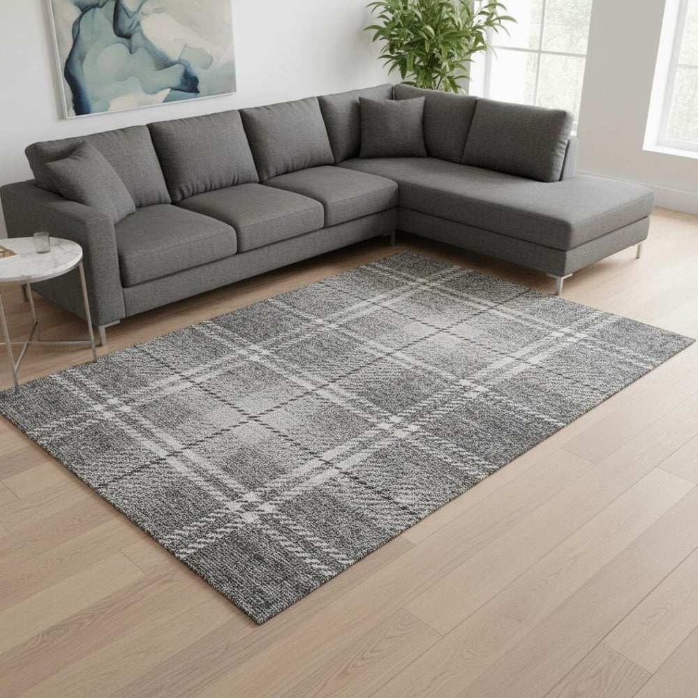 HomeRoots 8' X 10' Gray And Ivory Plaid Washable Area Rug - Durable, Stain-Resistant, UV Protected for Any Room 674315