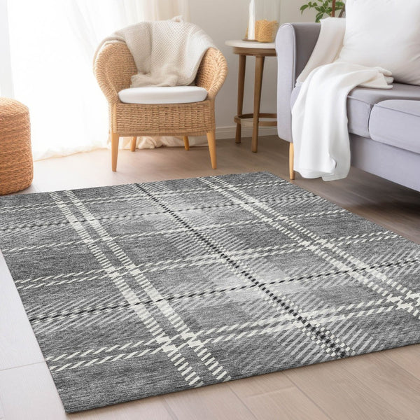 HomeRoots 8' X 10' Gray And Ivory Plaid Washable Area Rug - Durable, Stain-Resistant, UV Protected for Any Room 674315