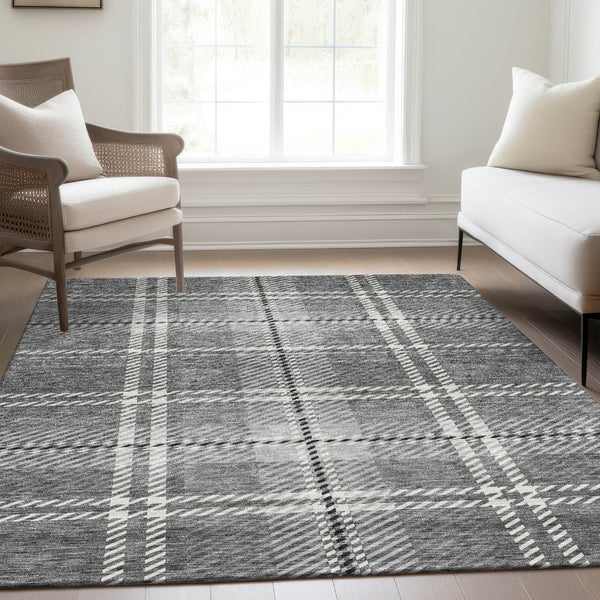 HomeRoots 9' X 12' Gray And Ivory Plaid Washable Area Rug - Stain Resistant, UV Protected for High-Traffic Homes 674316