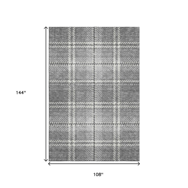 HomeRoots 9' X 12' Gray And Ivory Plaid Washable Area Rug - Stain Resistant, UV Protected for High-Traffic Homes 674316