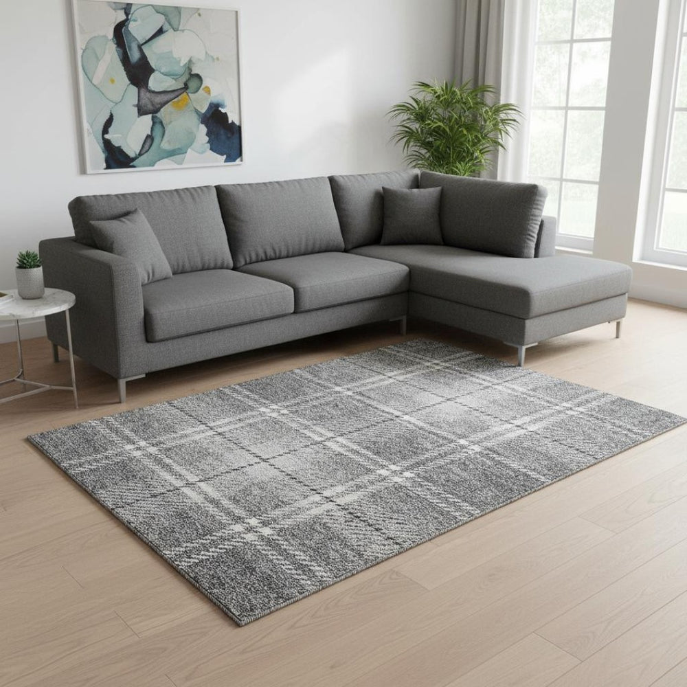 HomeRoots 9' X 12' Gray And Ivory Plaid Washable Area Rug - Stain Resistant, UV Protected for High-Traffic Homes 674316