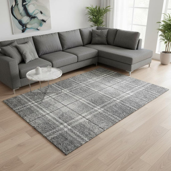 HomeRoots 10' X 14' Gray And Ivory Plaid Washable Area Rug - Durable, Stylish, UV Protected for Family Spaces 674317