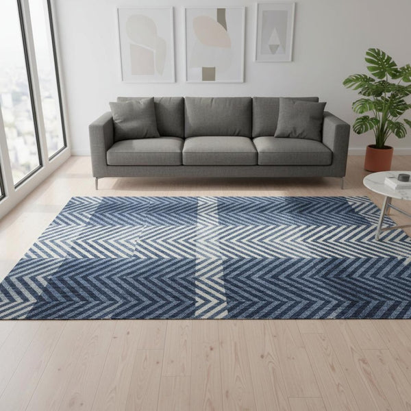 HomeRoots 5' X 8' Navy Blue and Ivory Plaid Washable Area Rug - Durable, Stain-Resistant, UV-Protected Design 674325
