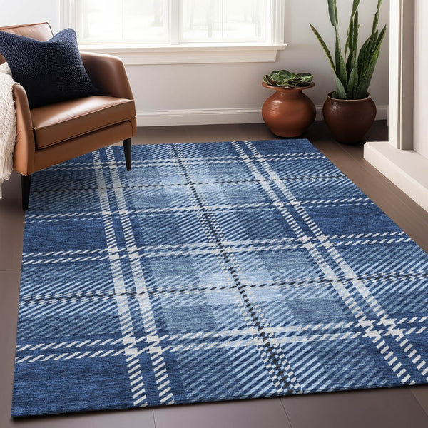 HomeRoots 5' X 8' Navy Blue and Ivory Plaid Washable Area Rug - Durable, Stain-Resistant, UV-Protected Design 674325
