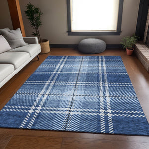 HomeRoots 5' X 8' Navy Blue and Ivory Plaid Washable Area Rug - Durable, Stain-Resistant, UV-Protected Design 674325