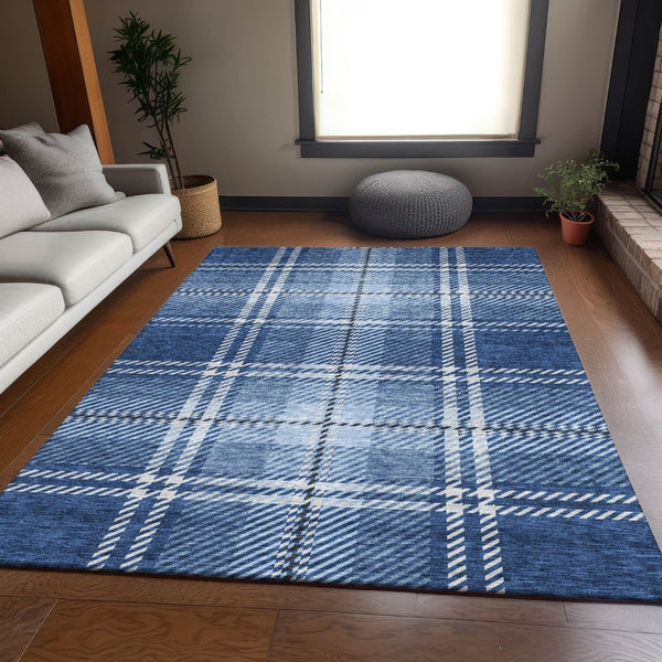 HomeRoots 5' X 8' Navy Blue and Ivory Plaid Washable Area Rug - Durable, Stain-Resistant, UV-Protected Design 674325
