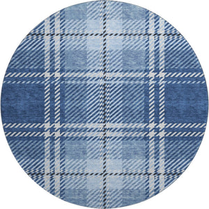 HomeRoots 8' Navy Blue and Ivory Plaid Round Rug - Washable, UV-Protected, Perfect for High-Traffic Areas! 674326