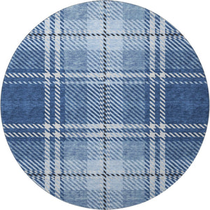 HomeRoots 8' Navy Blue and Ivory Plaid Round Rug - Washable, UV-Protected, Perfect for High-Traffic Areas! 674326
