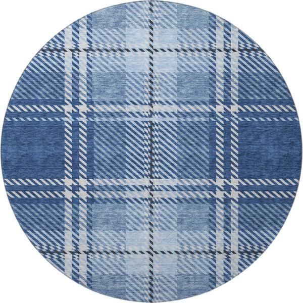 HomeRoots 8' Navy Blue and Ivory Plaid Round Rug - Washable, UV-Protected, Perfect for High-Traffic Areas! 674326