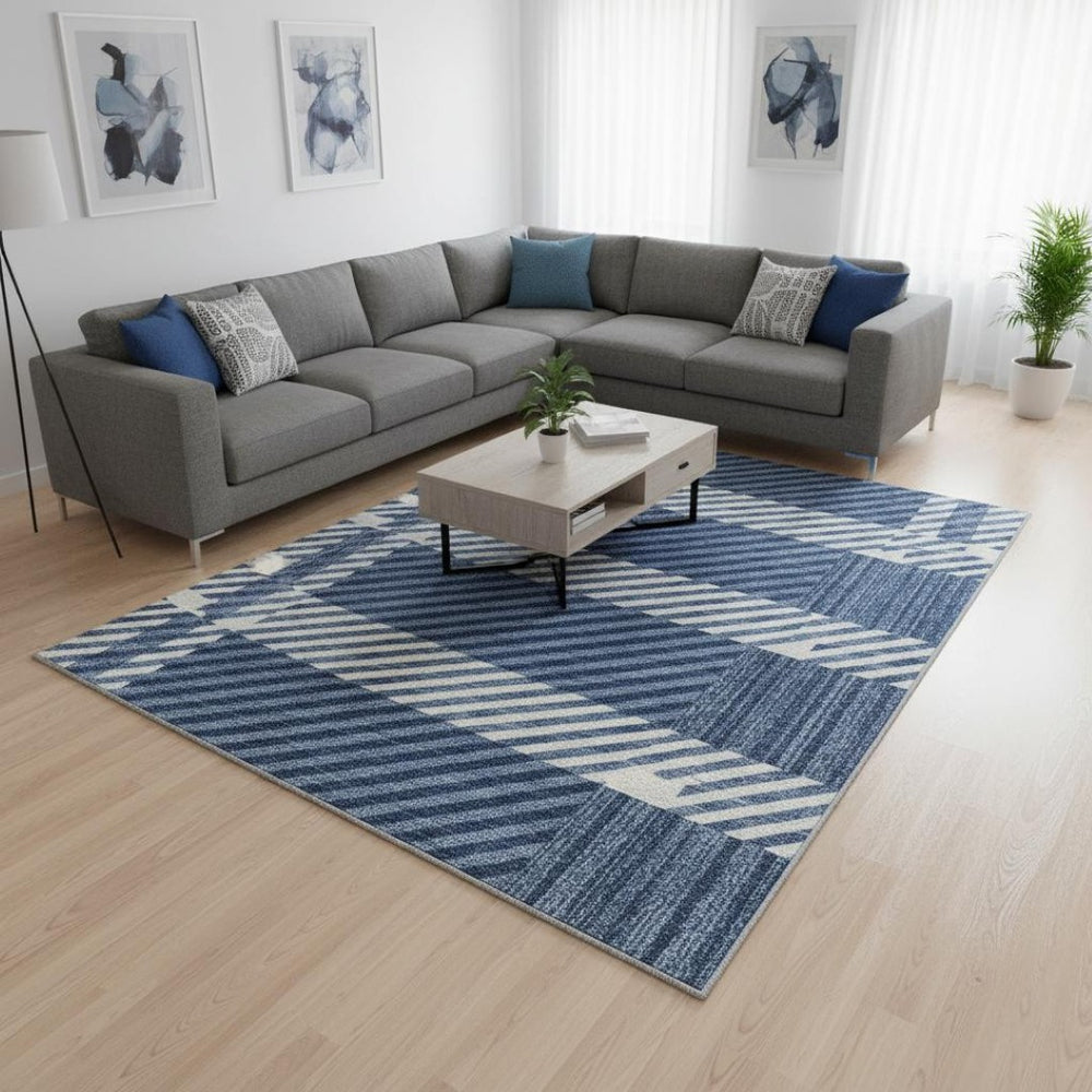 HomeRoots 8' X 10' Navy Blue & Ivory Plaid Area Rug - Washable, UV Protected, Durable for High-Traffic Spaces 674327