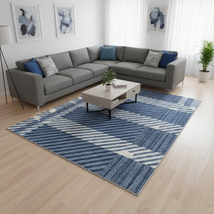 HomeRoots 8' X 10' Navy Blue & Ivory Plaid Area Rug - Washable, UV Protected, Durable for High-Traffic Spaces 674327