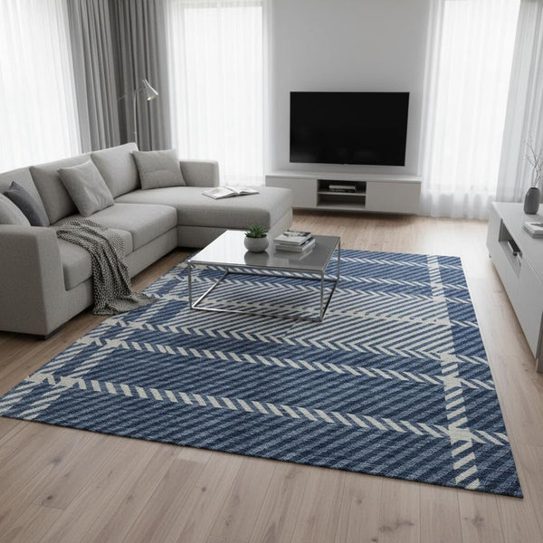 HomeRoots 9' X 12' Navy Blue Plaid Washable Area Rug with UV Protection - Stylish, Durable & Family-Friendly! 674328