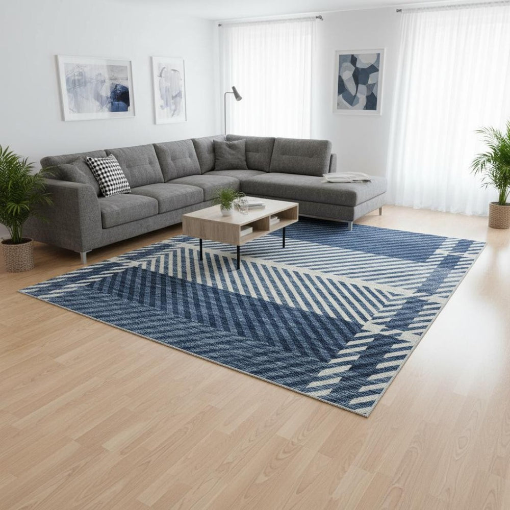 HomeRoots 10' X 14' Navy Blue Plaid Area Rug – Washable, UV-Protected, Stain-Resistant for Busy Homes & Spaces 674329