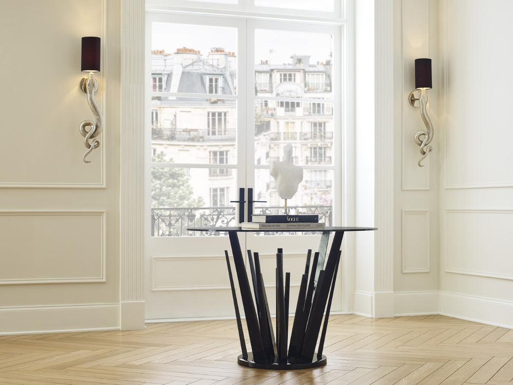 Wildwood Sapera Sculptural Brass Sconce With Black Drum Shade, Serpentine Iron Design For Dramatic Ambient Lighting 67433-2