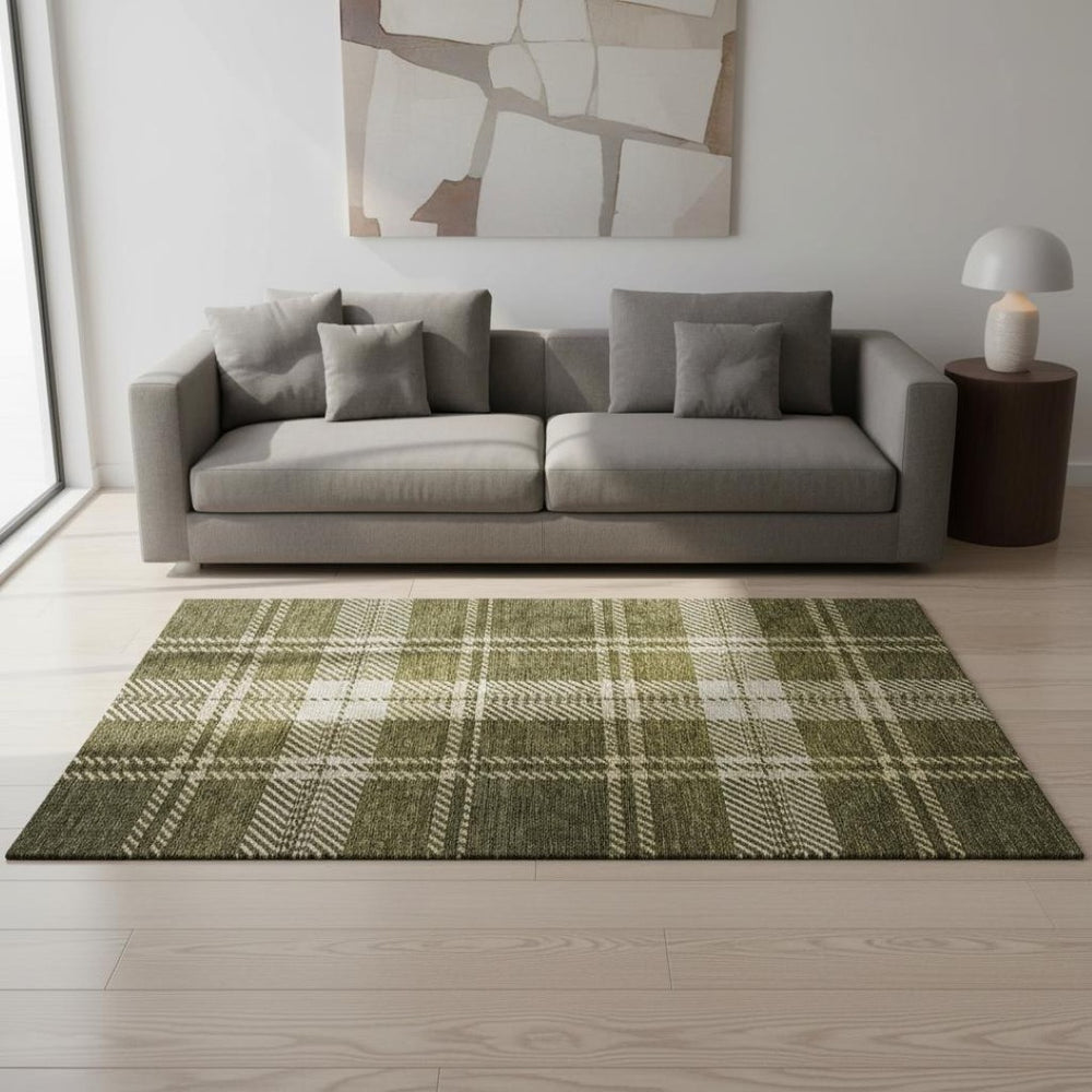 HomeRoots 5' X 8' Washable Olive Green Beige Ivory Plaid Area Rug with UV Protection for High-Traffic Spaces 674331