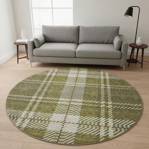 HomeRoots 8' Olive Green Beige Ivory Plaid Round Rug - Durable, Stain-Resistant, UV Protected for Busy Homes 674332