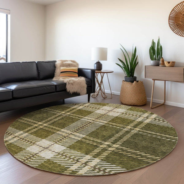 HomeRoots 8' Olive Green Beige Ivory Plaid Round Rug - Durable, Stain-Resistant, UV Protected for Busy Homes 674332