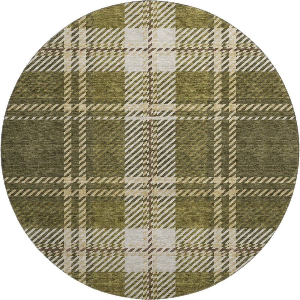 HomeRoots 8' Olive Green Beige Ivory Plaid Round Rug - Durable, Stain-Resistant, UV Protected for Busy Homes 674332
