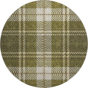 HomeRoots 8' Olive Green Beige Ivory Plaid Round Rug - Durable, Stain-Resistant, UV Protected for Busy Homes 674332