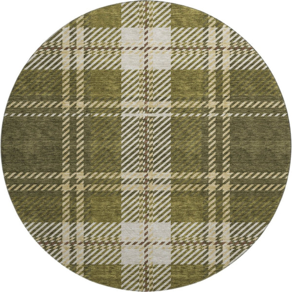 HomeRoots 8' Olive Green Beige Ivory Plaid Round Rug - Durable, Stain-Resistant, UV Protected for Busy Homes 674332