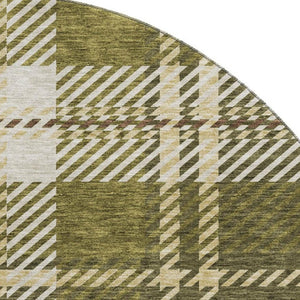 HomeRoots 8' Olive Green Beige Ivory Plaid Round Rug - Durable, Stain-Resistant, UV Protected for Busy Homes 674332