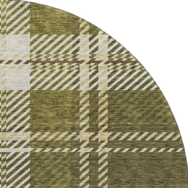 HomeRoots 8' Olive Green Beige Ivory Plaid Round Rug - Durable, Stain-Resistant, UV Protected for Busy Homes 674332