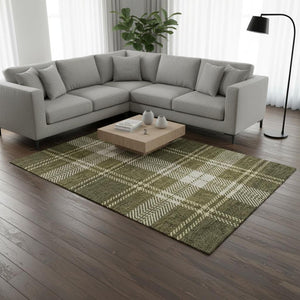 HomeRoots 8' X 10' Olive Green, Beige & Ivory Plaid Area Rug - Stain Resistant, UV Protected, Easy Care Luxury 674333