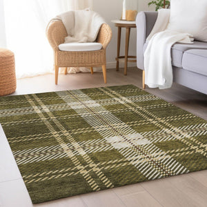 HomeRoots 8' X 10' Olive Green, Beige & Ivory Plaid Area Rug - Stain Resistant, UV Protected, Easy Care Luxury 674333