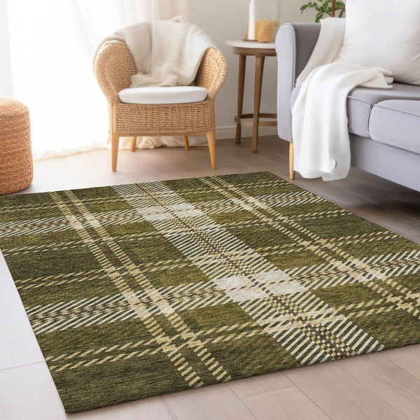 HomeRoots 8' X 10' Olive Green, Beige & Ivory Plaid Area Rug - Stain Resistant, UV Protected, Easy Care Luxury 674333