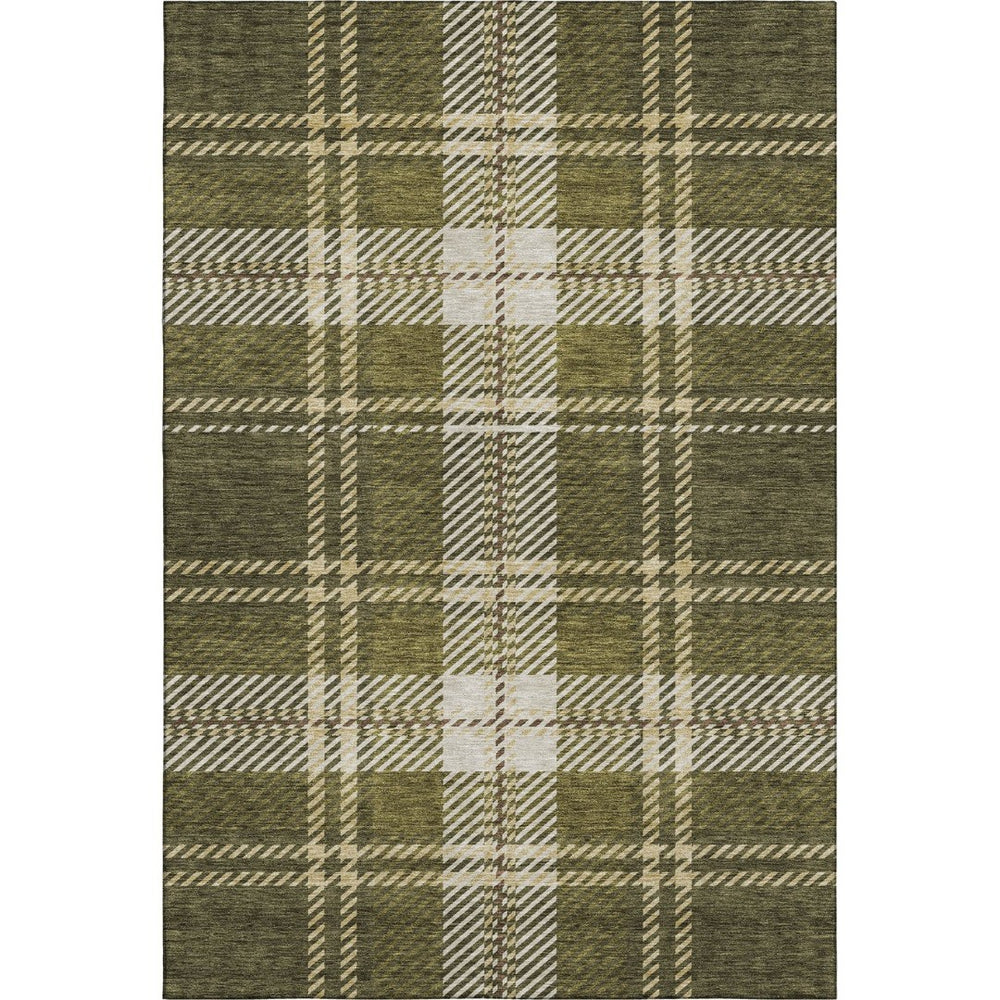 HomeRoots 8' X 10' Olive Green, Beige & Ivory Plaid Area Rug - Stain Resistant, UV Protected, Easy Care Luxury 674333