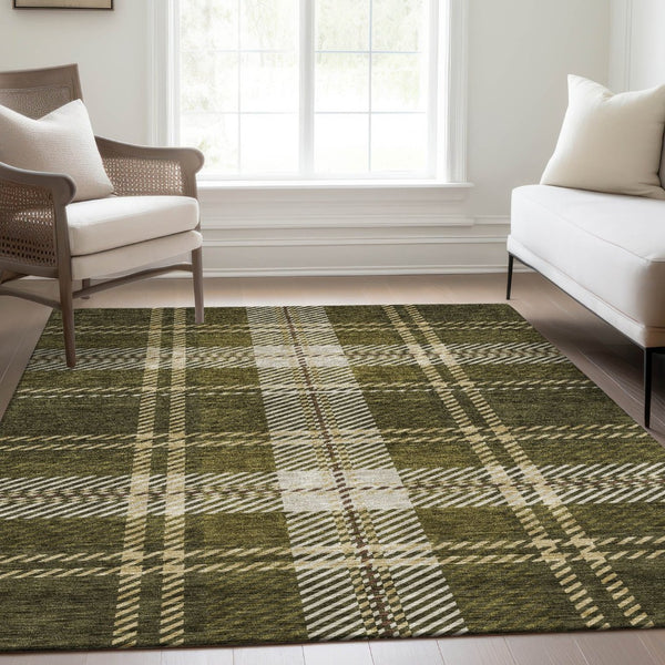HomeRoots 8' X 10' Olive Green, Beige & Ivory Plaid Area Rug - Stain Resistant, UV Protected, Easy Care Luxury 674333