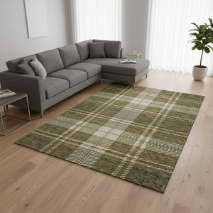 HomeRoots 9' X 12' Olive Green Plaid Area Rug - Washable, Stain Resistant & UV Protected for Busy Homes 674334