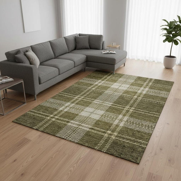 HomeRoots 9' X 12' Olive Green Plaid Area Rug - Washable, Stain Resistant & UV Protected for Busy Homes 674334