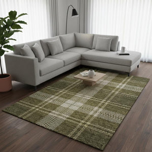 HomeRoots 10' Olive Green Beige Ivory Plaid Area Rug - Durable, Stain-Resistant with UV Protection for Homes 674335