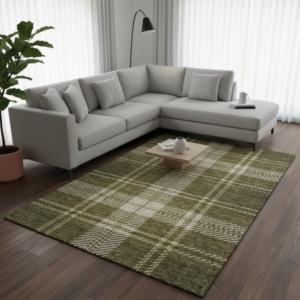 HomeRoots 10' Olive Green Beige Ivory Plaid Area Rug - Durable, Stain-Resistant with UV Protection for Homes 674335