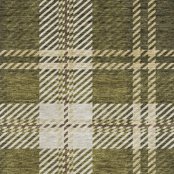 HomeRoots 10' Olive Green Beige Ivory Plaid Area Rug - Durable, Stain-Resistant with UV Protection for Homes 674335