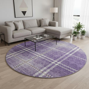 HomeRoots 8' Stylish Purple, Ivory & Gold Plaid Washable Round Rug with UV Protection for High-Traffic Areas 674338